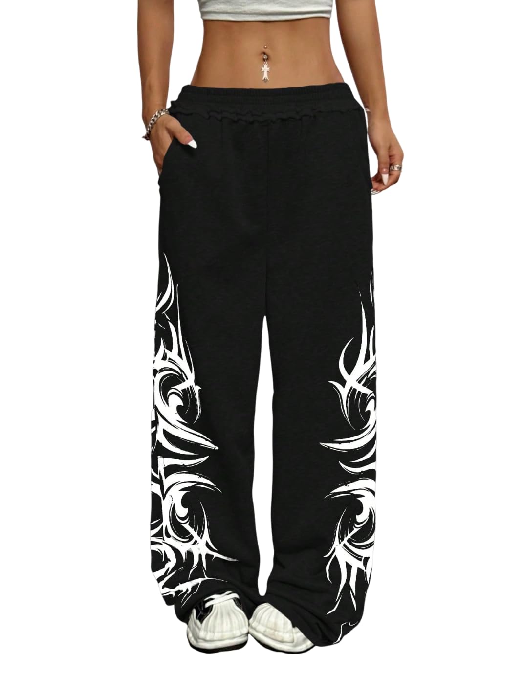 ZAFUL Womens Wide Leg Sweatpants Y2K Gothic Graffiti High Waisted Lounge Pants Athletic Joggers Pants with Pockets