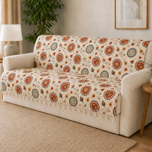 Image of Velvet Quilted Sofa Armrest Covers (Pack of 2) | Red Floral | Anti-Slip Soft Washable Arm Covers with Tassels | 24 x 27 Inches (Full)