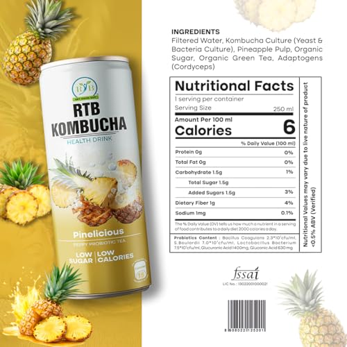 Image of RTB KOMBUCHA Health Pineapple Drink - Pack of 250ml | Helps in Immune System & Digestive System(Kombucha Culture, Fruit Pulp & Organic Sugar)