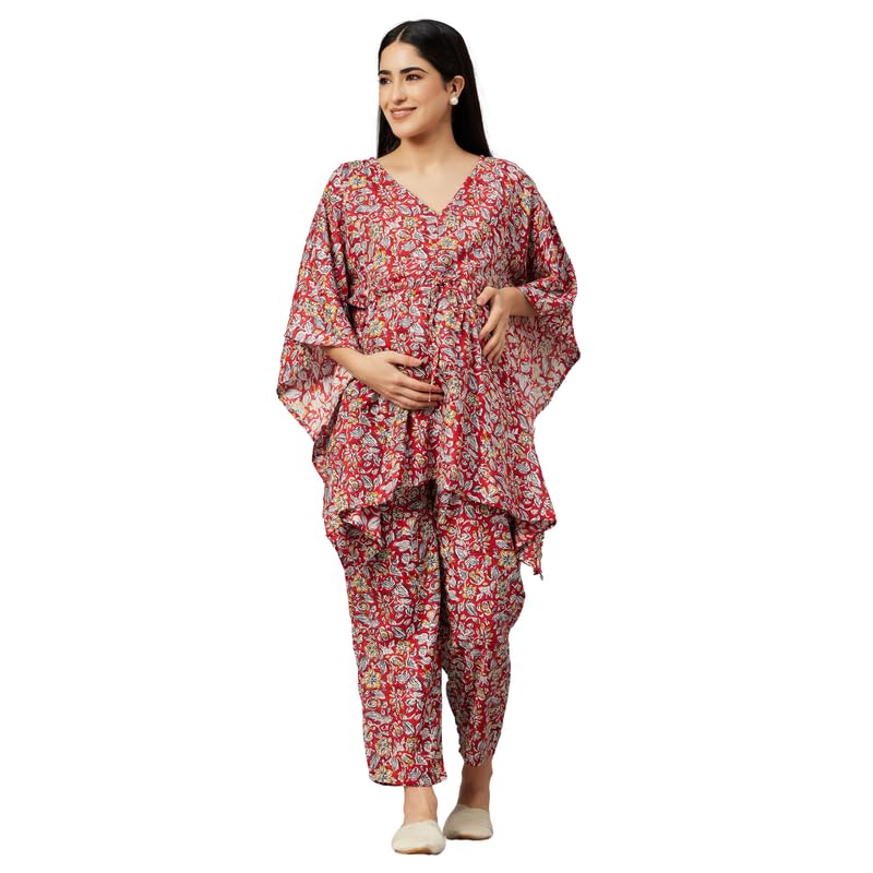 aaheli Women's Rayon Red Printed Maternity Short Kaftan Top with Pant Set-picture-13