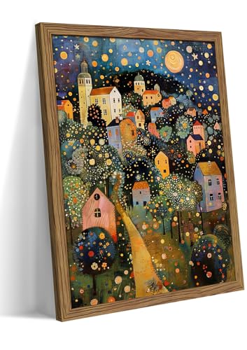 Image of Abstract Moon Stars Tree Framed Canvas Wall Art - Vintage Gustav Klimt Style Oil Painting Print, Village Night Landscape Decor for Living Room Bedroom Nursery Office 16x24 inch