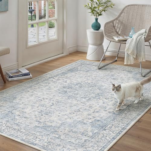 3x5 Area Rug Washable Neutral Blue Vintage Entryway Office Carpet Non Slip Low Pile Soft Door Mat Floral Indoor Small Throw Rug for Entrance Bathroom Bedroom Office Laundry 3' x 5' (Rectangu