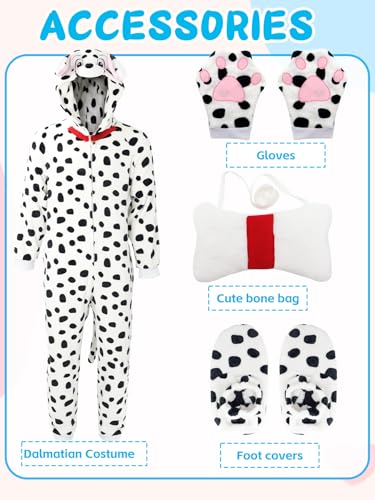 Hislovy Dalmatiner Kostüm Damen Herren, Tier Onesie Erwachsene Schlafanzug-Einteiler für Karneval Halloween Party,Weiß,3XL