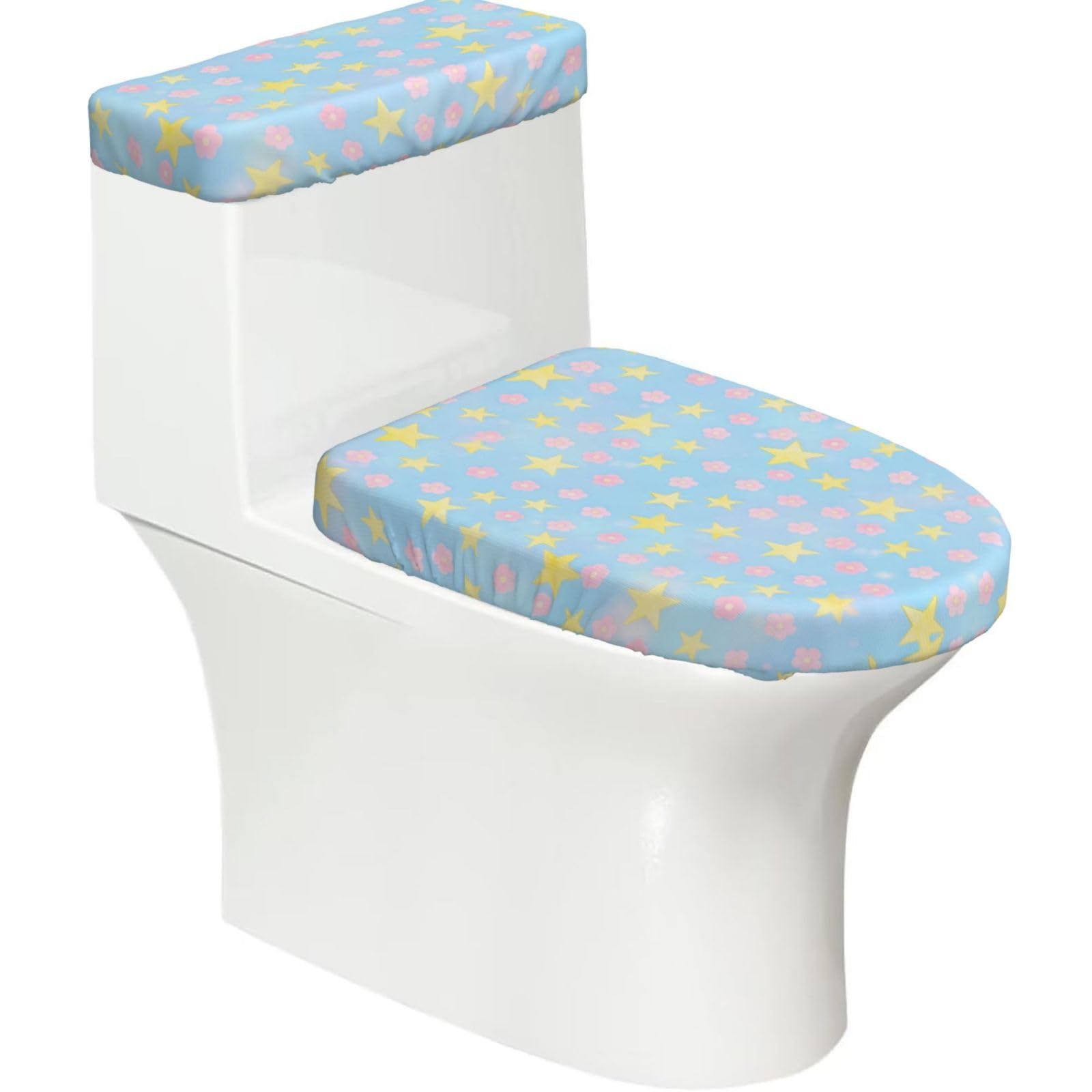 Star Flower Seamless Elastic Toilet Cover Set of 2-Stretchy Lid and Tank Covers for Bathroom, Soft Washable U Shape Toilet Decor