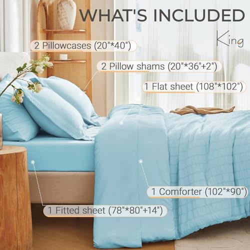 MUXHOMO 7 Pieces King Comforter Set, Seersucker Bed in a Bag King Size, All Season Luxury Bedding Set with Comforter, Flat Sheet, Fitted Sheet, Pillowcases & Shams, Lake Blue