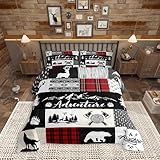Deer Antlers Comforter Set Queen Size,Bear Pine Wolf Hunting Camper Bedding Set for Women Adult,Adventure Rustic Farmhouse Red Plaid Luxury Bed Duvet Insert, 2 Pillowcases
