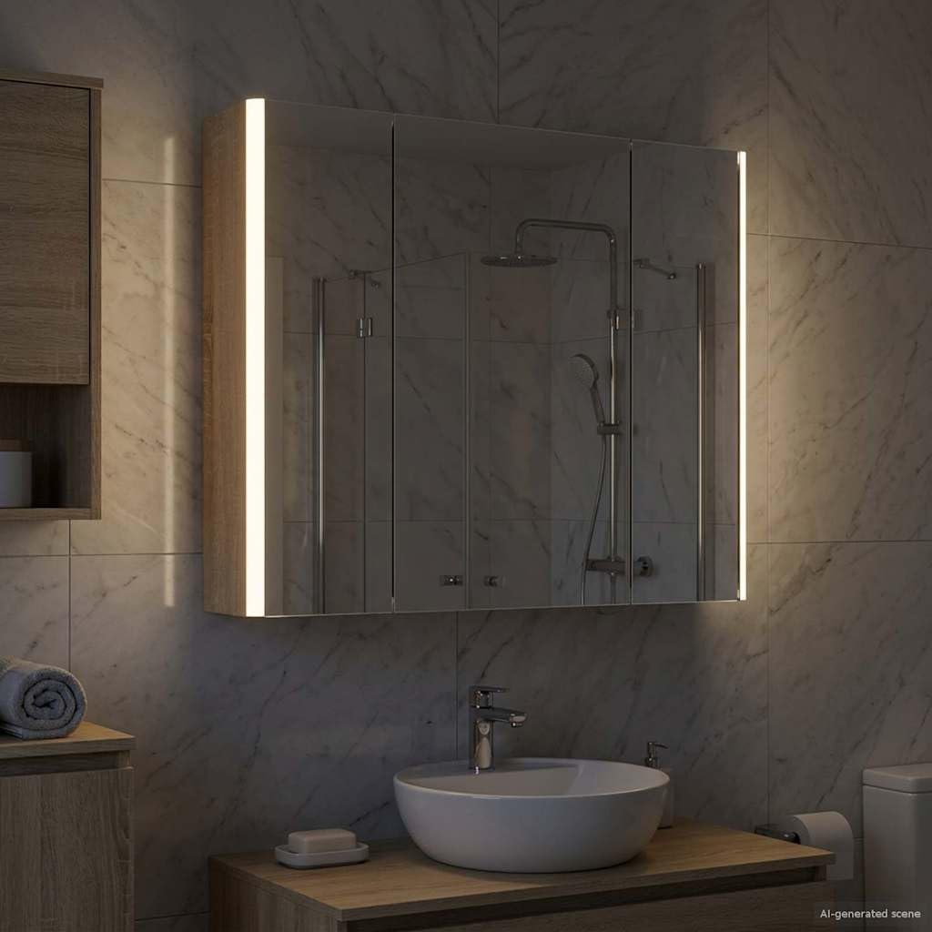 Szafka łazienkowa z lustrem Sonoma dąb drewnopochodny, 63,5 x 15,5 x 60,5 cm, z oświetleniem LED, montaż na ścianie, regulowane półki, miejsce do przechowywania i dwustronne lustro do
