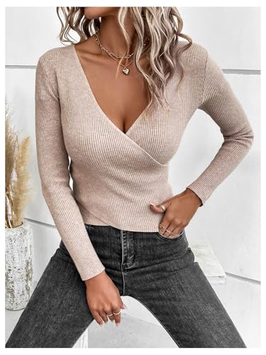 Image of BEAUDRM Women's Wrap Sweater Long Sleeve Deep V Neck Pullover Sweaters Tops Khaki Large