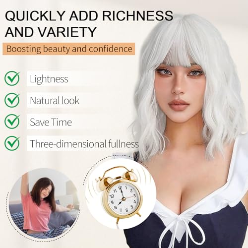 Image of AGO White Wavy Wig with Bangs,Short Curly Bob Wig Shoulder Length 14Inch Synthetic Hair for Women Girl Heat Resistant Synthetic Colorful Wigs for Daily Party Halloween Cosplay Use(60#White)