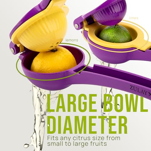 Image of Zulay Kitchen Metal 2-in-1 Lemon Squeezer - Sturdy Max Extraction Hand Juicer Lemon Squeezer Gets Every Last Drop - Easy to Clean Manual Citrus Juicer - Easy-Use Lemon Juicer Squeezer - Purple /Yellow