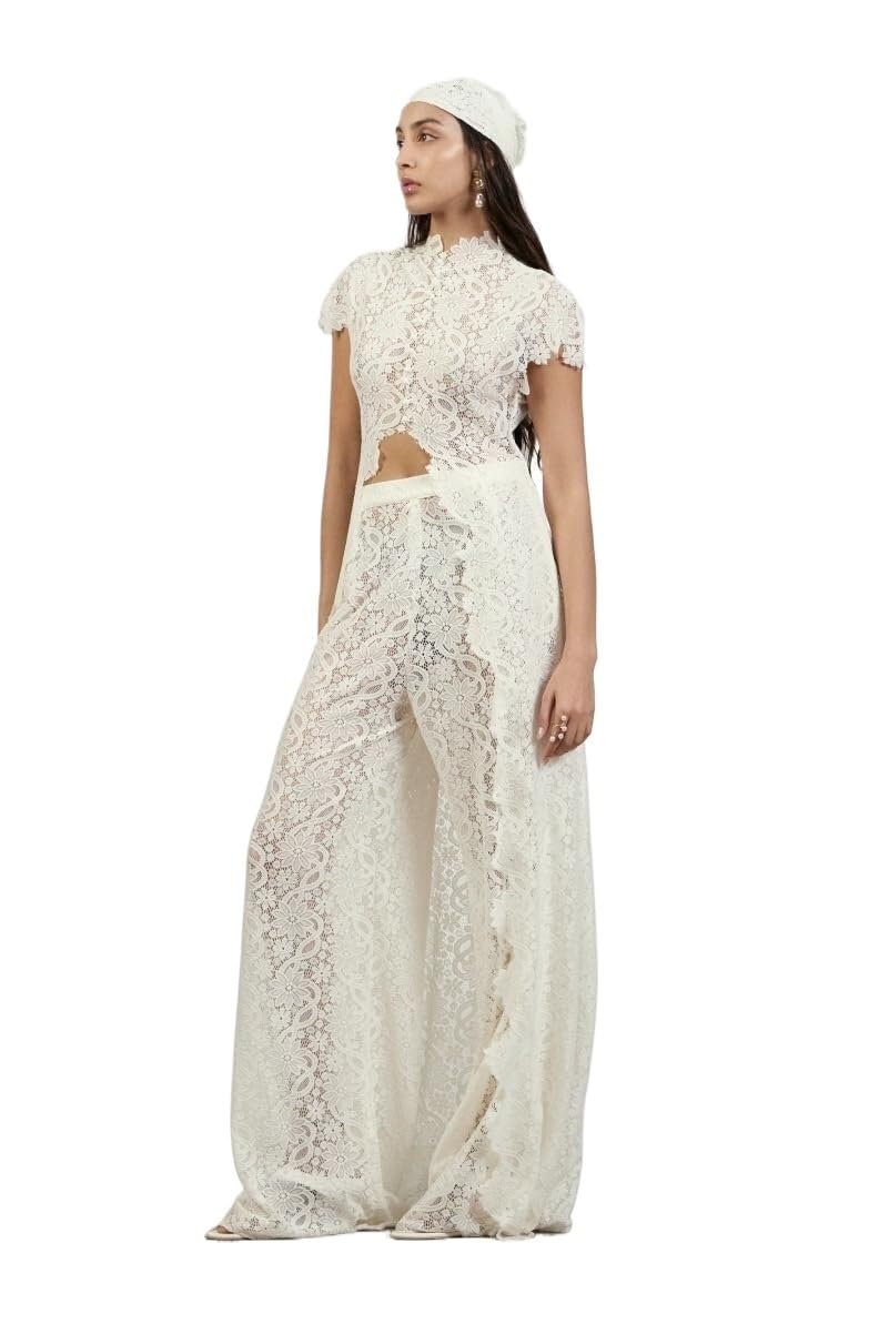 Genérico Conjunto Dos Piezas de Encaje Elegante Mujer Top Asimétrico Botones Manga Corta Pantalón Ancho Traje de Cita w