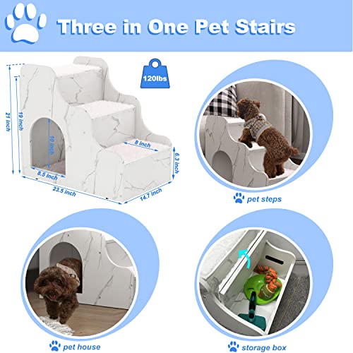 Megidok Wooden Dog Stairs Steps With Storage Drawer&Pet House&Soft Cushion, 3 Level Multifunctional Pet Stairs Steps For Small Medium Dogs, Dog Stairs For High Bed&Couch-Marble White #TOP1