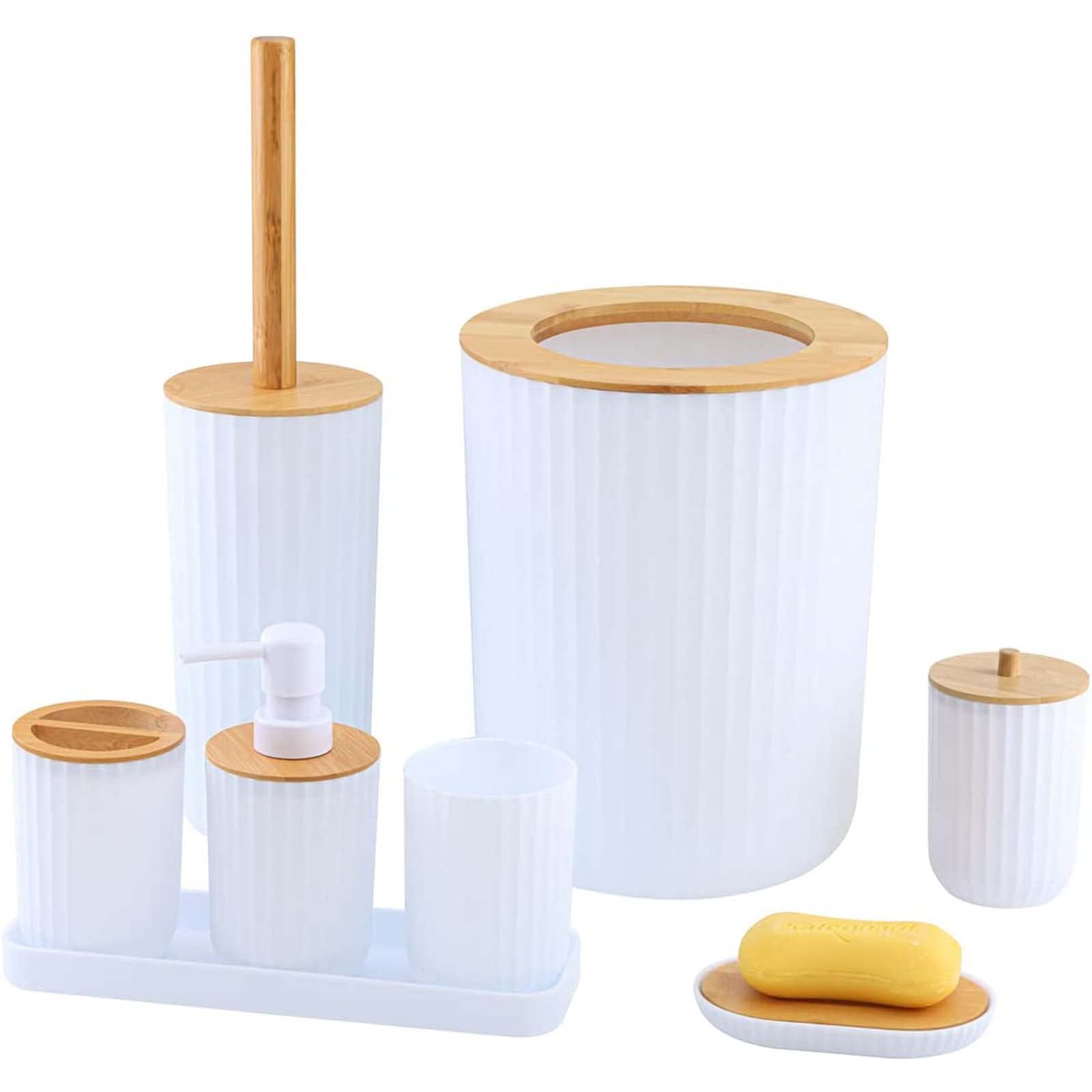 8 Piezas Juego de Accesorios de BañO, Juego de Dispensador de JabóN Hecho de Bambú, Juego de BañO, con Dispensador de LocióN, Cubo de Basura, Jabonera, Porta Cepillo Dientes,Blanco