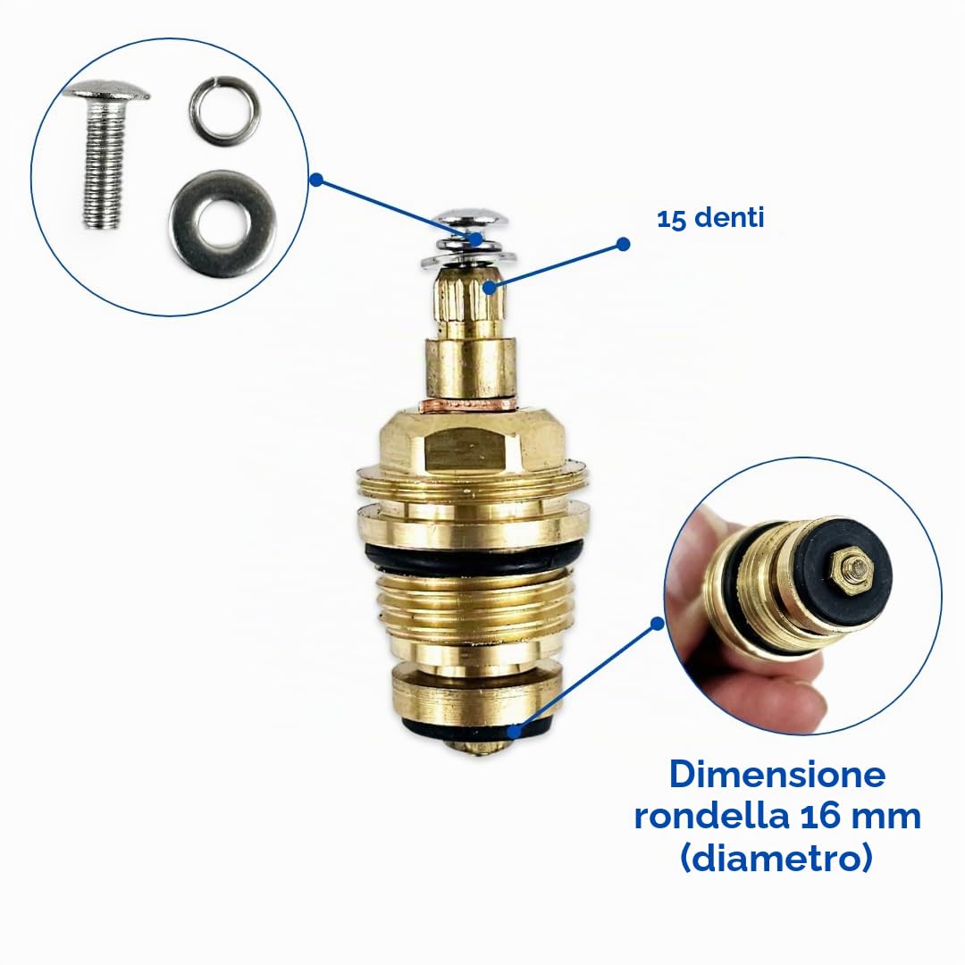 Cartuccia di Sostituzione in Ottone per Valvola del Rubinetto con Inserti e Ghiera per Rubinetti a Due Manopole da 1/2 Pollice 15 Denti