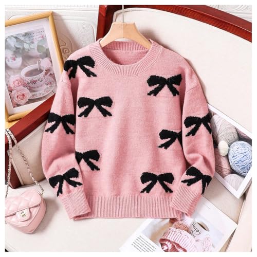 Image of BEAUDRM Girl's Cute Bow Sweater Crew Neck Long Sleeve Drop Shoulder Loose Pullover Tops