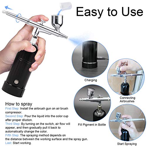 Portable Airbrush Kit with 6cc 20cc 40cc Cup,Cordless Air Brush with Rechargeable Mini Air Compressor,Replaceable 0.4mm Nozzle Needle Cap and Cleaning Brush for Makeup,Model Making,Cake Decoration
