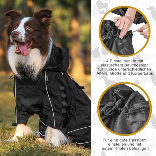 OneTigris Regenmantel Hund, RIDERSTORM Regenjacke wasserdichte Kältebeständig mit Abnehmbarer Kapuze Reflektierender Verstellbarer Hunderegenjacke Maschinenwaschbar Schwarz M
