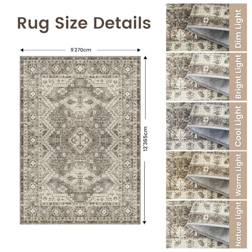 Rugland Area Rug - Stain Resistant Washable Rug, Anti Slip Backing Rugs for Living Room, Vintage Tribal Area Rugs (TPR07-Ivory, 9'x12')