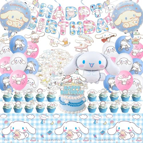 Cinnamoroll Birthday Decorations 101PCS Party Supplies Set Include Banner Balloons Stickers Hanging Swirls Cake Cupcake Toppers Tablecloth for Kids Cinnamoroll Theme Party