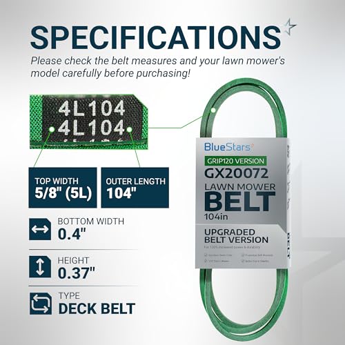 Image of [Upgraded Grip120] BlueStars GX20072 GY20570 Deck Belt | 1 /2 inch x 104 inch | Deck Belt Replacement for 42 Inch Deck John Deere D105 E100 LA105 LA110 LA120 Mowers