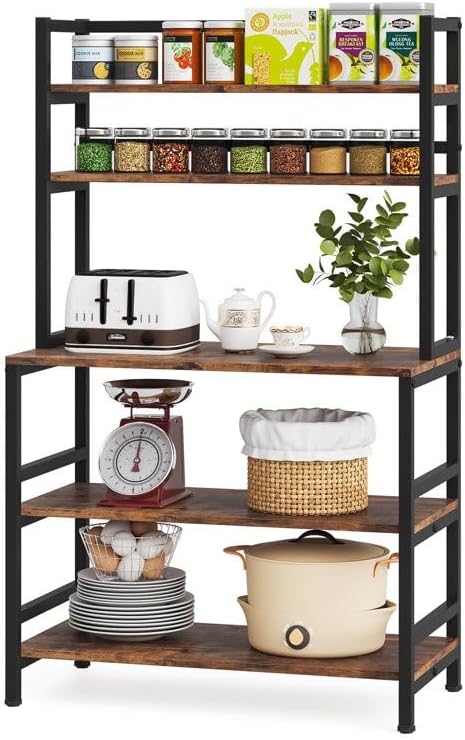 6-Tier Bakers Rack with, Microwave Stand for Kitchen Storage with Hooks, Adjustable Feet, Storage Shelves for Kitchen Dining Living Room,66.5'' H X 31.5'' W X 15.7'' D. (Brown)