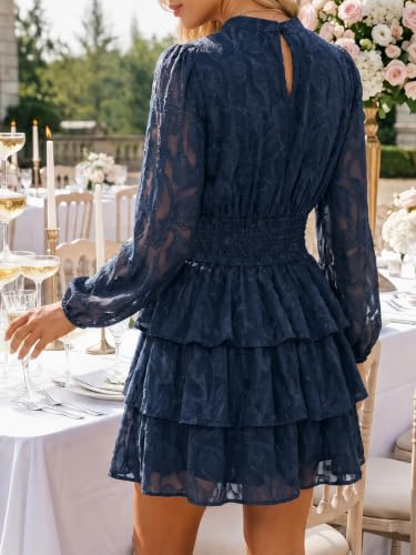 Image of Wenrine Womens Long Sleeve Lace Mini Dress Wedding Guest Dresses | Cut Out, High Waist, Ruffle Design, Tiered Smocked, Mesh, Layer, Button Back, Night Out, Fall Winter