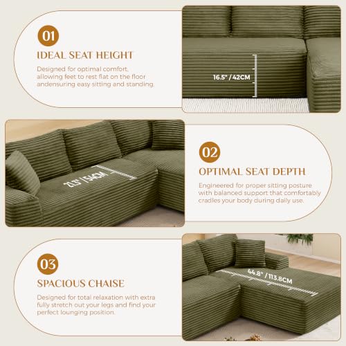 Image of 95 inch Boneless Cloud Sectional Couches for Living Room, Comfy Fluffy L Shaped Memory Foam Deep Seat Boneless Couch, Modular Sectional Sofa with Right Facing Chaise, Olive Green