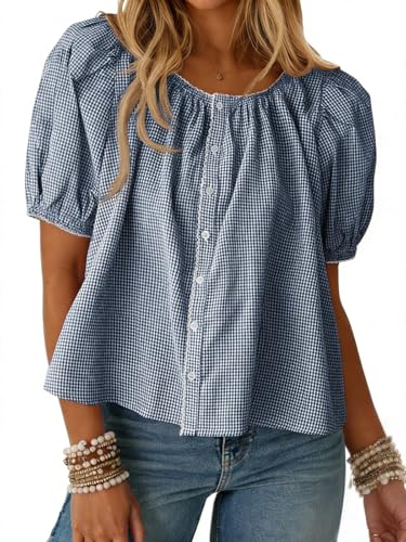 Tankaneo Womens Puff Sleeve Gingham Blouse Plaid Crew Neck Cute Tops Blue