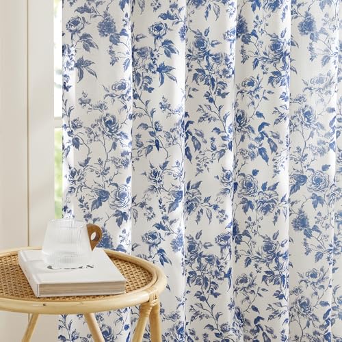 NICETOWN Blue Floral Curtains for Bedroom & Living Room, Linen Blend Drapes with...