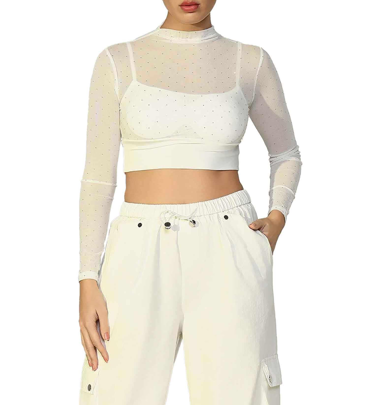 women knitted long sleeves sheer mesh emblisshed chest pad running sports quick-drying mock neck workout top