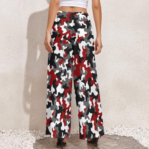 Red Grey White Camouflage Palazzo Pants for Women, Soft Womens Wide Leg Baggy Pants, Comfy Lounge Pants for Women4
