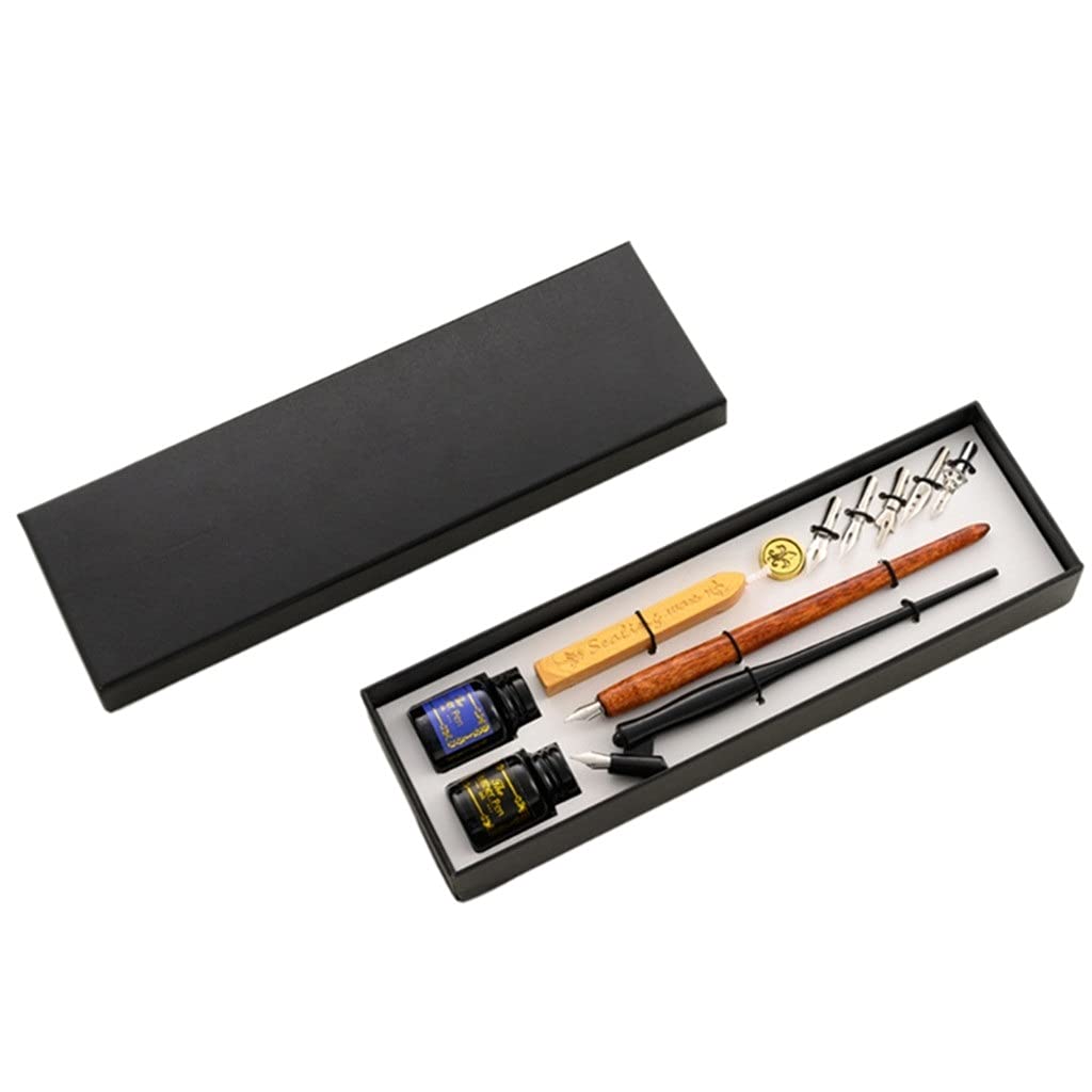 HOIIPAAAA Vintage Dip Pen Fountain Writing Ink 5 Nibs Wax Seal Stamp Gift Box Calligraphy Stationery School Supplies (Color : A) (A)
