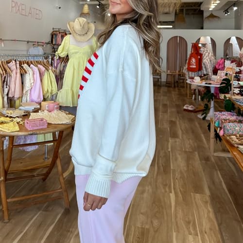 Image of Womens American Flag Sweater Long Sleeve Crew Neck Star Graphic Knit Pullover Tops Casual Loose USA Sweater