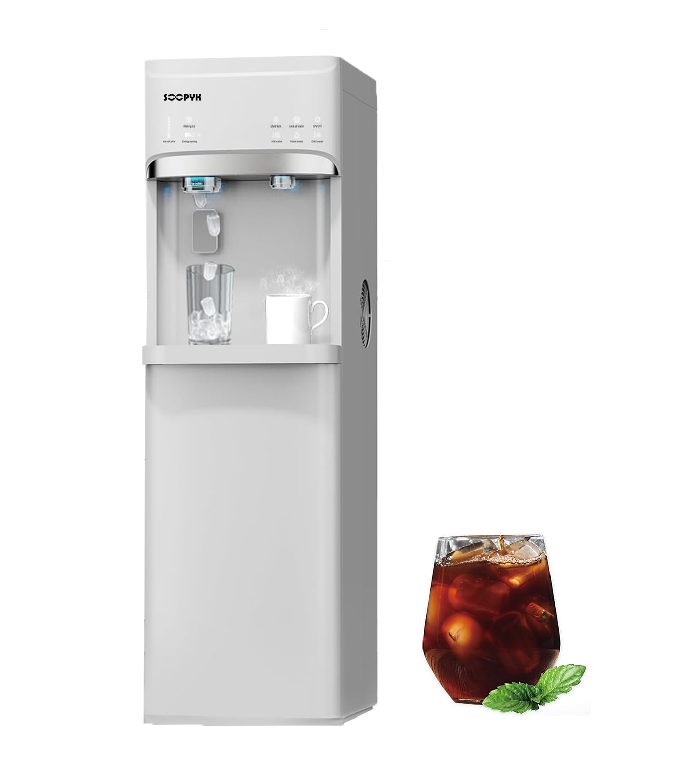 Self Cleaning 4 in 1 Water Cooler Dispenser with Ice Maker Bottom Load for 5 Gallon 3 Temperature Settings 22lbs Daily Capacity Perfect for Home White