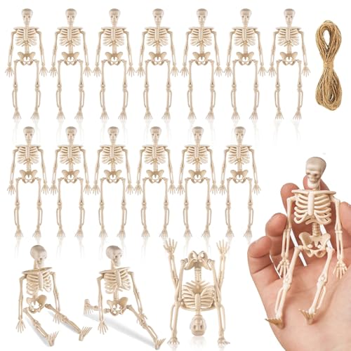 12 Pezzi Scheletri per Decorazioni di Halloween, 14cm, Mini Scheletro Giocattolo per Halloween, 3 Metri di Corda di Canapa, Adatta per Decorazioni per Feste e Oggetti di Scena per Case Stregate,Beige