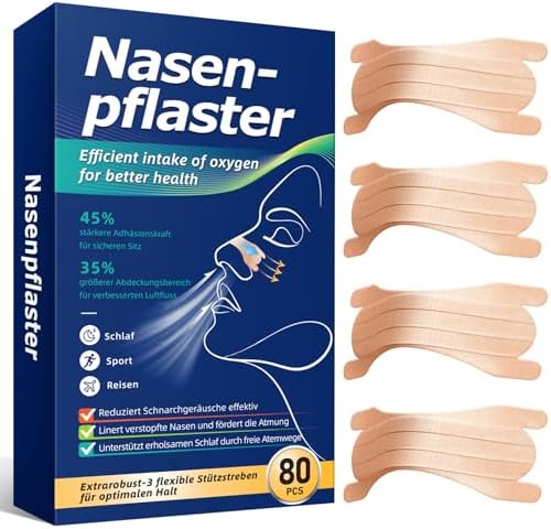 Nasenpflaster Nose Strips 80 Stück Anti Schnarch Schnarchen & für Sport | Schnarchstopper, 66×22mm Nasenstrips Universalgröße mit 3 flexiblen Stützgurten für Bessere Nasenatmung un