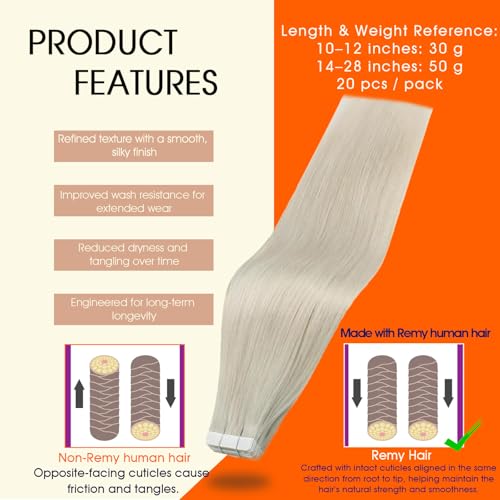 Image of Full Shine White Blonde Tape in Hair Extensions Tape in Extensions Human Hair 10Inch Seamless Invisible Remy Skin Weft Double Sided Adhesive Extension for Women Silky Straight 30G 20Pcs