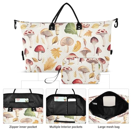 Watercolor Mushroom Leaf Large Travel Duffle Bag Weekender Overnight Bags Gym Yoga Bag for Women Men with Toiletry Bag2