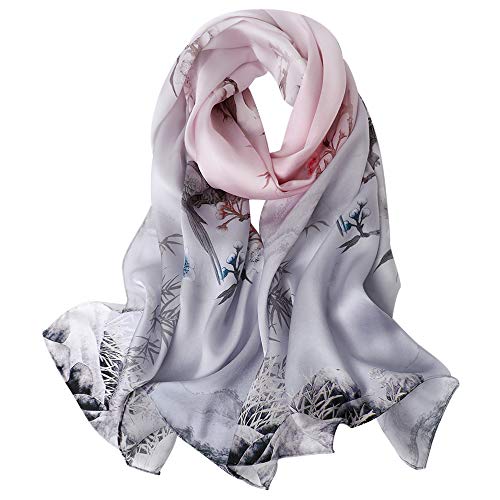 STORY OF SHANGHAI Femme Foulard 100% Soie Coloré Echarpe Léger Elégant Coupe Manuel Cadeau pour votre Lady,Taille unique,Oiseau et fleur de Pêche