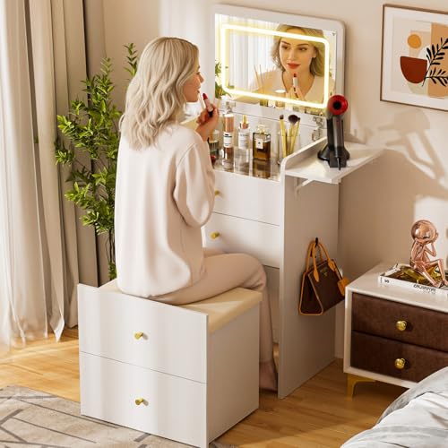 Image of COMHOMA Makeup Vanity Desk with Mirror and Lights, Small 3 in 1 Vanity Table with Visible Glass Top, Flip Top & 3 Drawers, Compact Dressing with Storage Stool for Room or Office