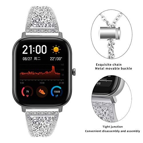 Watch Band Compatible With Hero Band Iii Donerton, Popglory, Canmixs P22 & Motast Mugu Chalyh P36A P36B, Agptek Lw31 Smart Watch-Bling Metal Strap Jewelry Bangle Wrist Strap Bracelet Rhinestone Accessories (Silver) #TOP2
