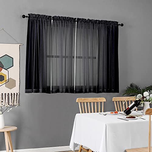 Image of Chyhomenyc Black Sheer Curtains 45 Inches Length 2 Panels, Light Filtering Soft Airy Curtain Drapes for Bathroom Living Room Bedroom Small Windows, Each 42W x 45L inches