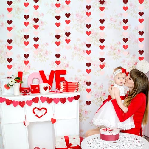 Image of Valentines Day Party Decorations Pink-Red Heart-Garland - 52ft Burgundy Proposal Special Night Galentines Hanging Streamers Banner,Girl Romantic Wedding Anniversary Baby Bridal Shower Engagement Decor
