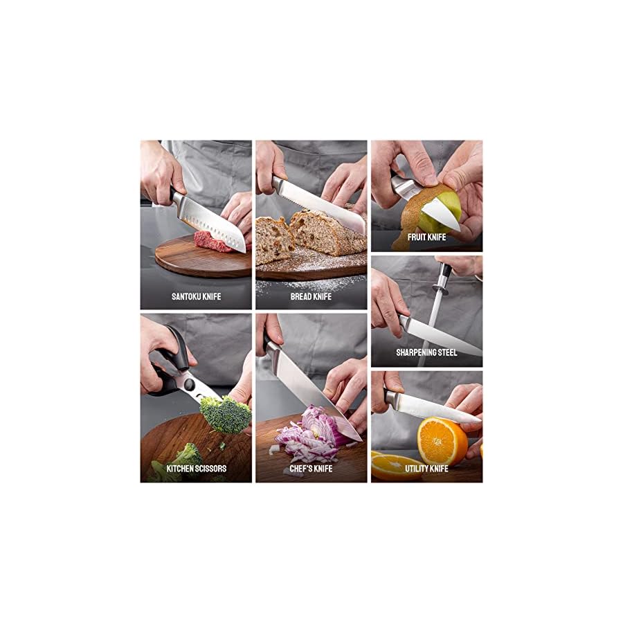 OAKSWARE Knife Sets, 8 Piece Knife Set for Kitchen with Block, German Stainless Steel Chef Knives Set with Ergonomic Handle