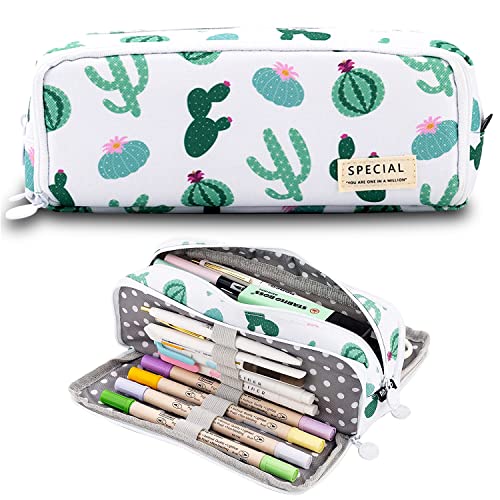 Image of MAMUNU Big Capacity Pencil Pen Case, 3 Compartments Large Storage Canvas Pencil Pouch with Zipper, Green Cactus Design Aesthetic Pencil Pouch For Office School