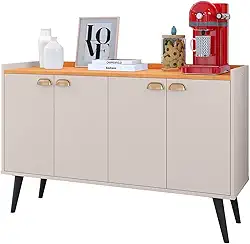 Aparador Buffet Kiev Cantinho Café Decoração Sala Jantar Estar Cozinha 4 Portas Puxador Concha Prateleira Interna Organizadora - RPM Móveis (Off White/Cinamomo)