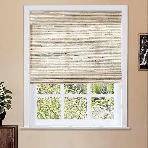 Image of TWOPAGES Cordless No Drill Roman Shade Customized Ramie Paper Roman Blind Blackout Roman Window Shade for Indoor Windows, Beige Brown, 1 Piece