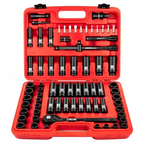 Image of LLNDEI 72 Piece 1 /2 Inch Drive Socket Set, 6 & 12 Point Impact Sockets, Deep & Shallow Sockets, Cr-V Steel, Metric & SAE, Including Extension Bars, Ratchet Handle, Adapters, Universal Joint, Bits Set