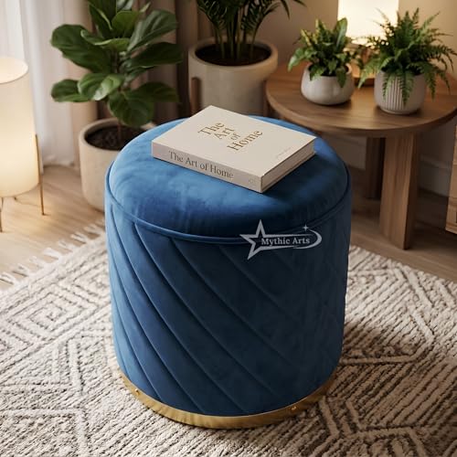 Image of Ottoman Stool, Puffy Stool, Sitting Stool, Modern Upholstered Round Ottoman, Dressing Table for Living-Blue