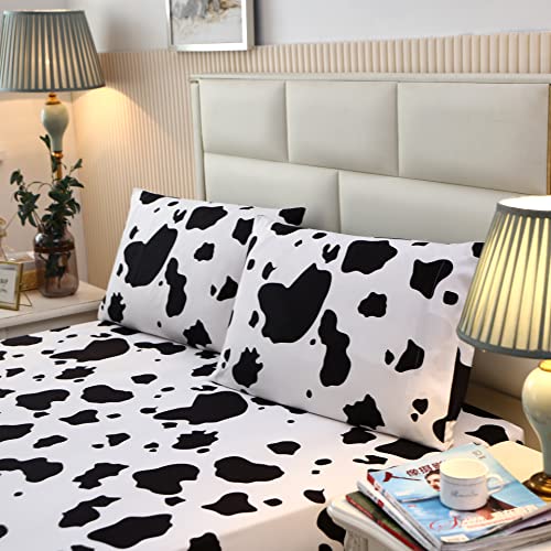 Sdy 3Pcs Fitted Sheet Set,Cow Print Sheet Set Queen Size With Deep Pocket Fitted Sheet & 2 Pillowcases For Kids Boys Girls (Cow,Queen) #TOP1